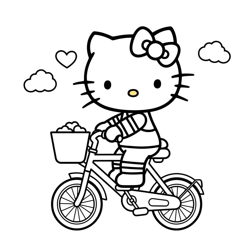 Desenho da Hello Kitty andando de bicicleta para colorir
