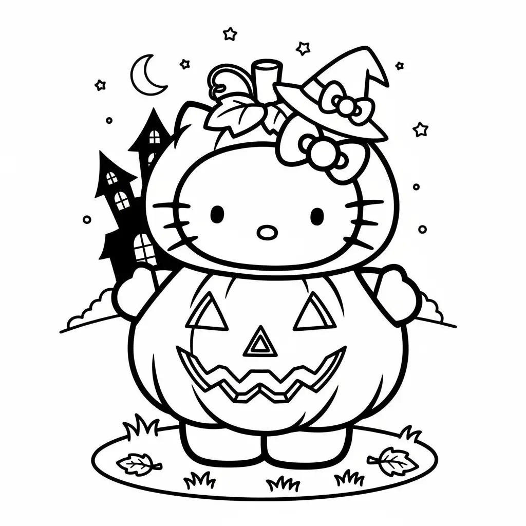 Desenho da Hello Kitty com abóbora de Halloween para colorir