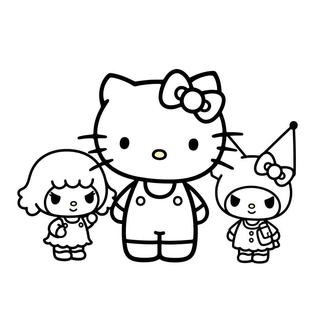Desenho da Hello Kitty com amigos da Sanrio para colorir