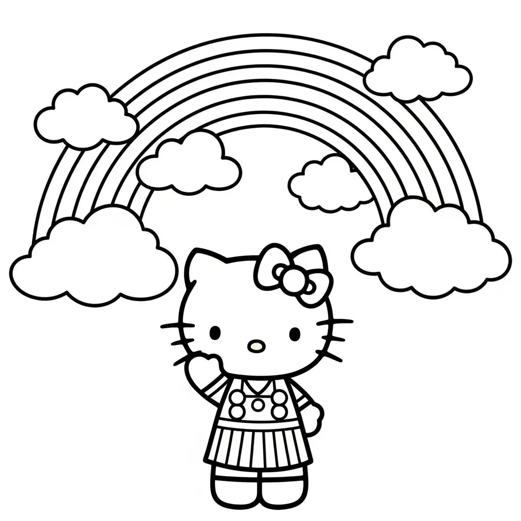Desenho da Hello Kitty com arco-íris e nuvens para colorir