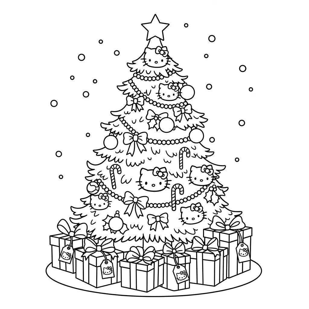 Desenho da Hello Kitty com árvore de Natal para colorir