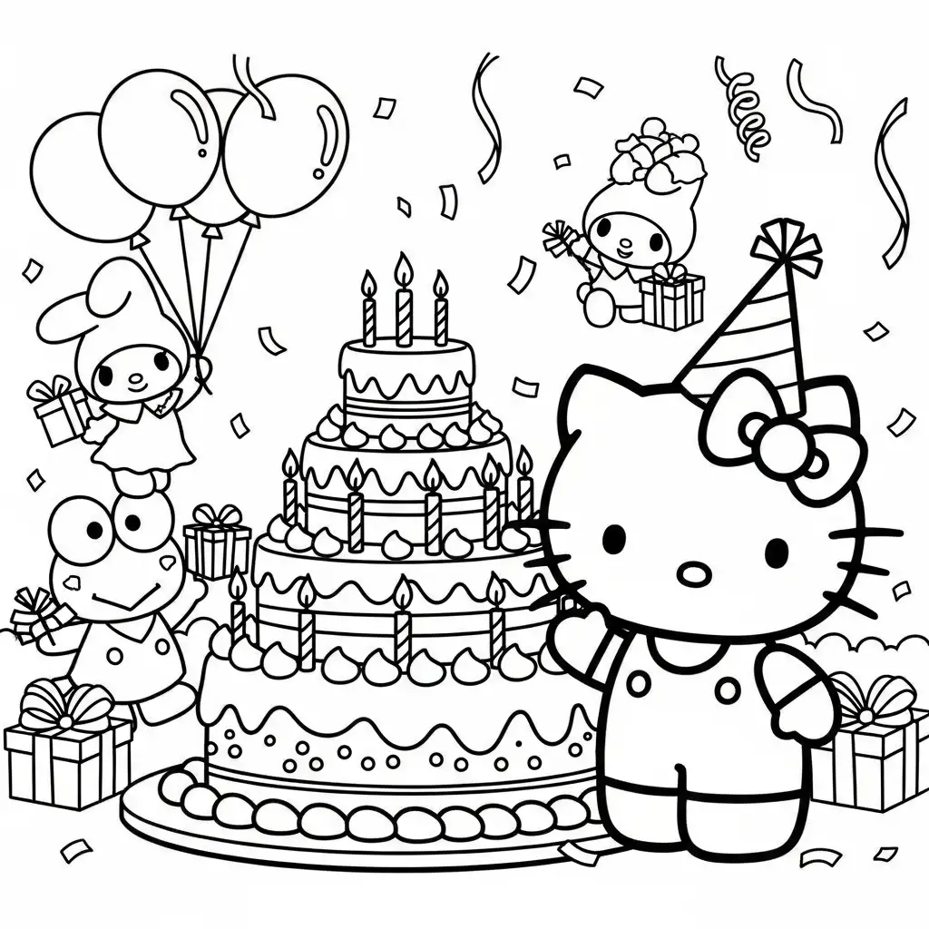 Desenho da Hello Kitty com bolo de aniversário para colorir