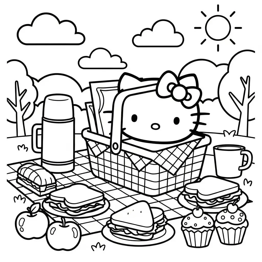 Desenho da Hello Kitty com cesta de piquenique para colorir