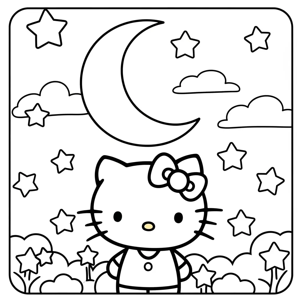 Desenho da Hello Kitty com estrelas e lua para colorir