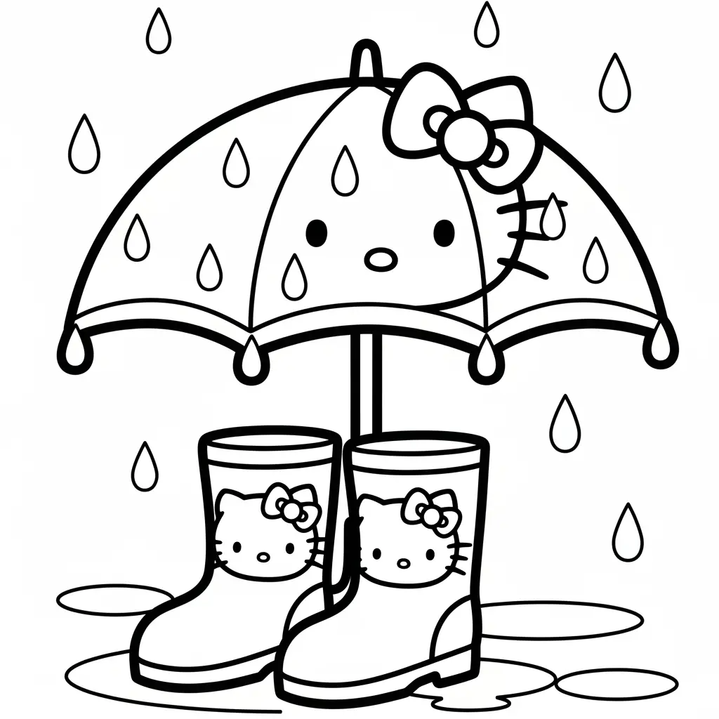 Desenho da Hello Kitty com guarda-chuva para colorir