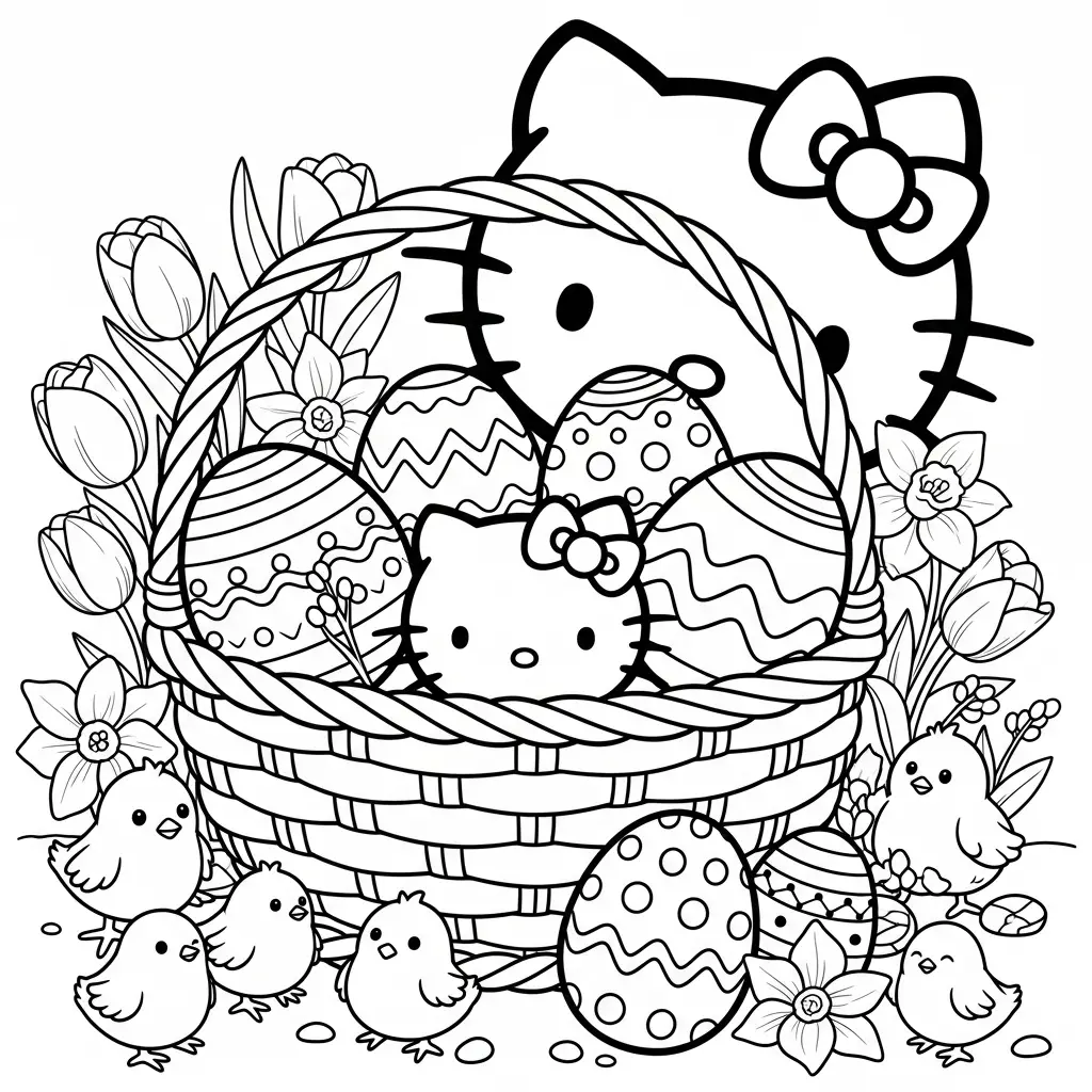 Desenho da Hello Kitty com ovos de Páscoa para colorir