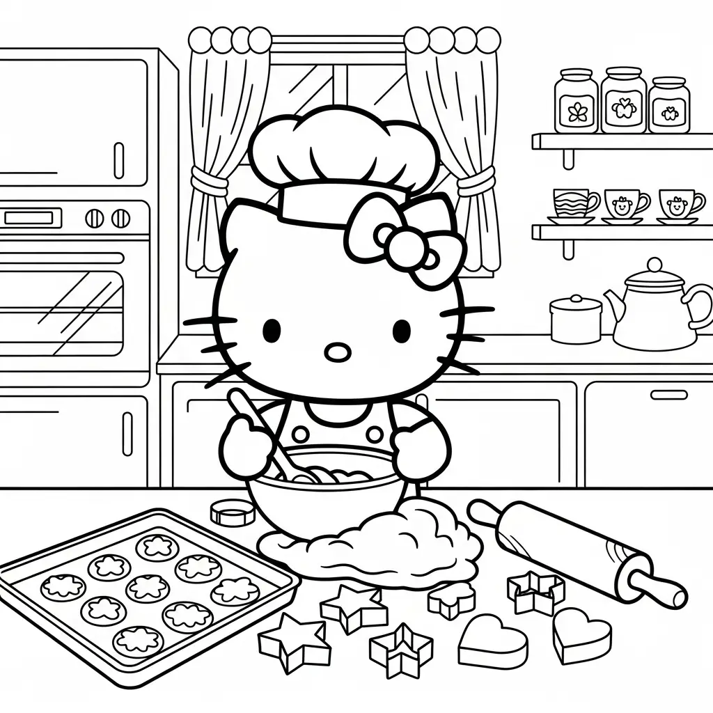 Desenho da Hello Kitty cozinhando para colorir