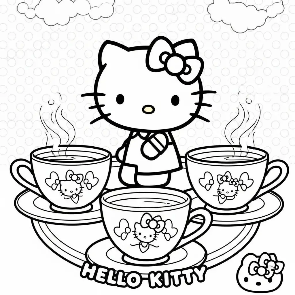 Desenho da Hello Kitty em uma festa de chá para colorir