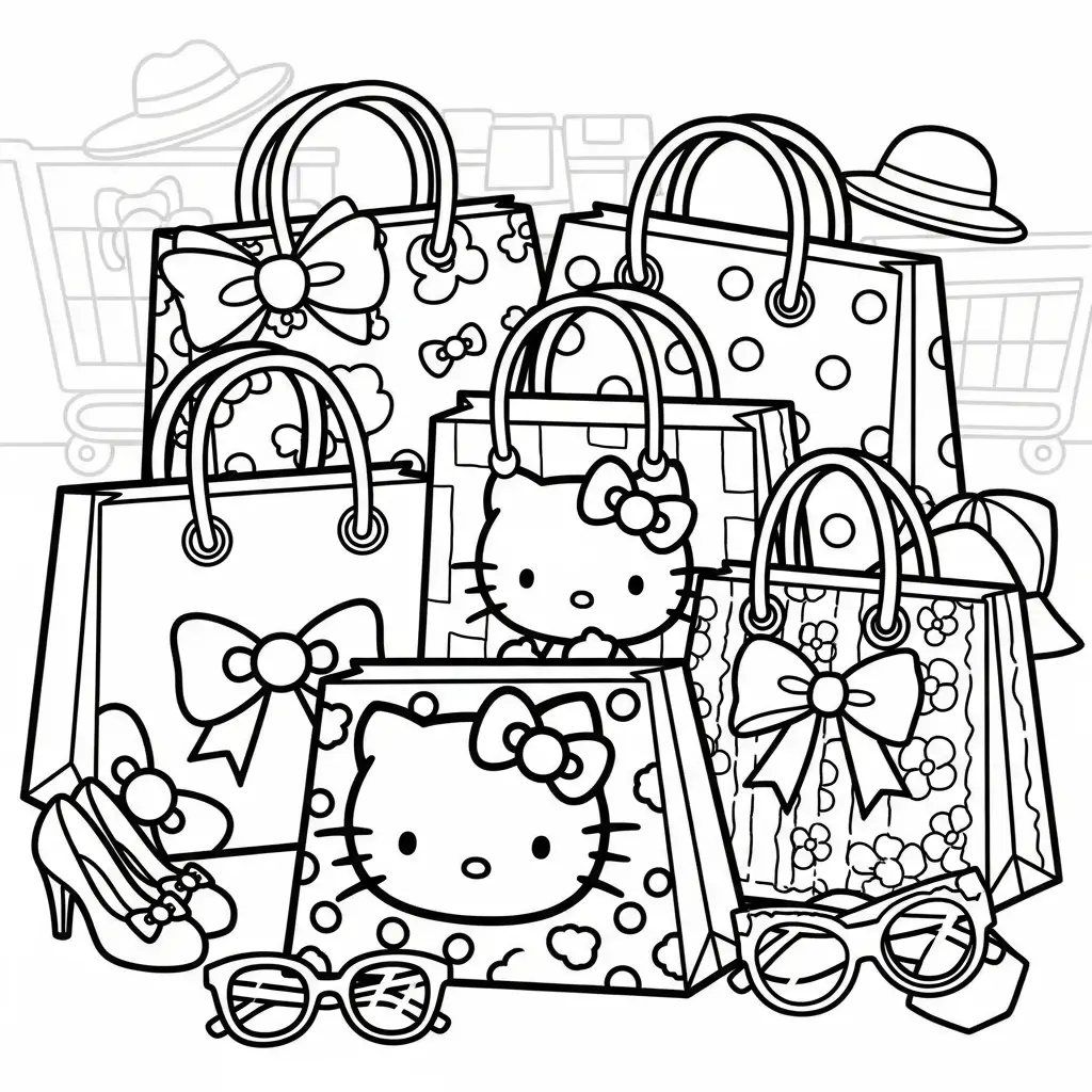 Desenho da Hello Kitty fazendo compras para colorir