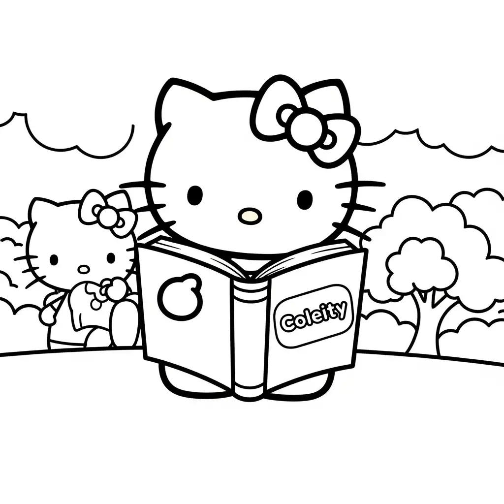 Desenho da Hello Kitty lendo para colorir