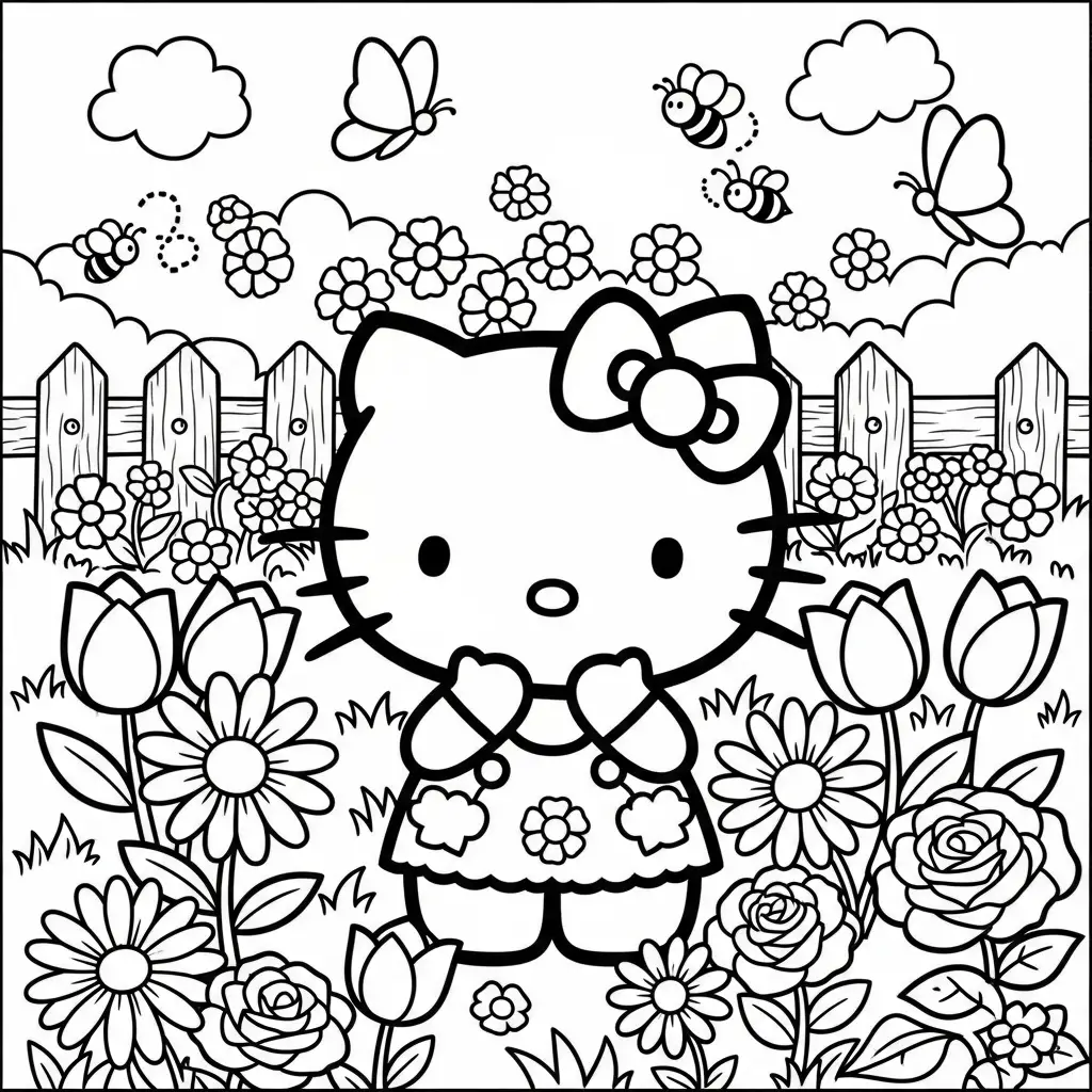 Desenho da Hello Kitty no jardim com flores para colorir