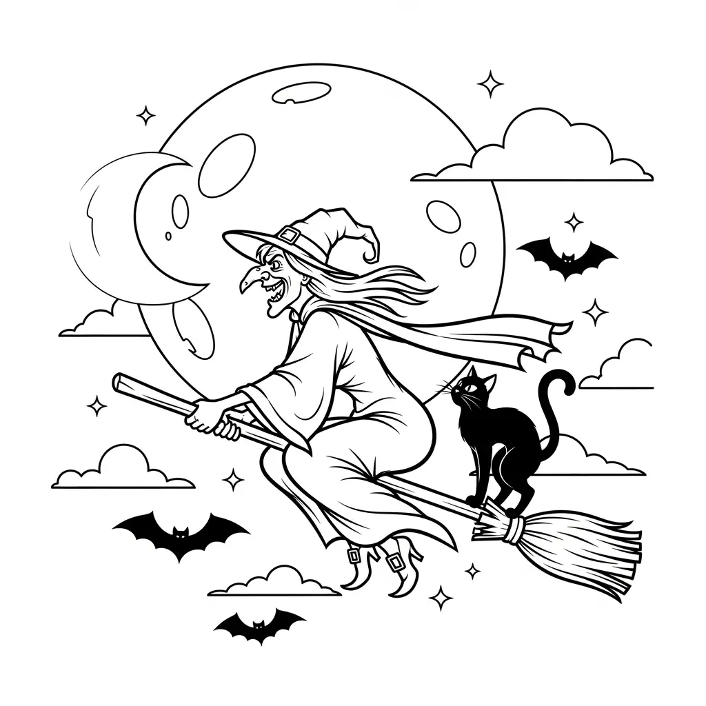 Desenho de Bruxa voando para colorir