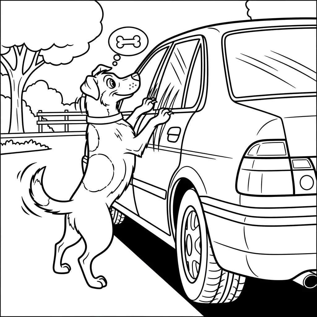 Desenho de Cachorro Grateando um Carro para colorir
