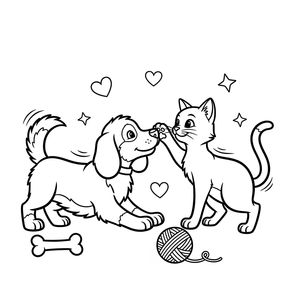 Desenho de Cachorro e Gato Juntos para colorir