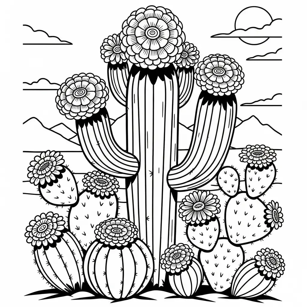 Desenho de Cactos e Flores para colorir