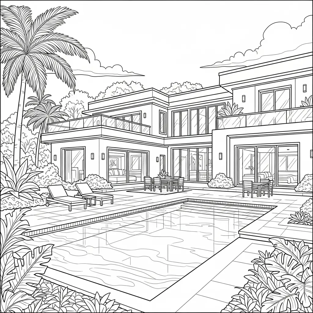 Desenho de Casa com Piscina para colorir