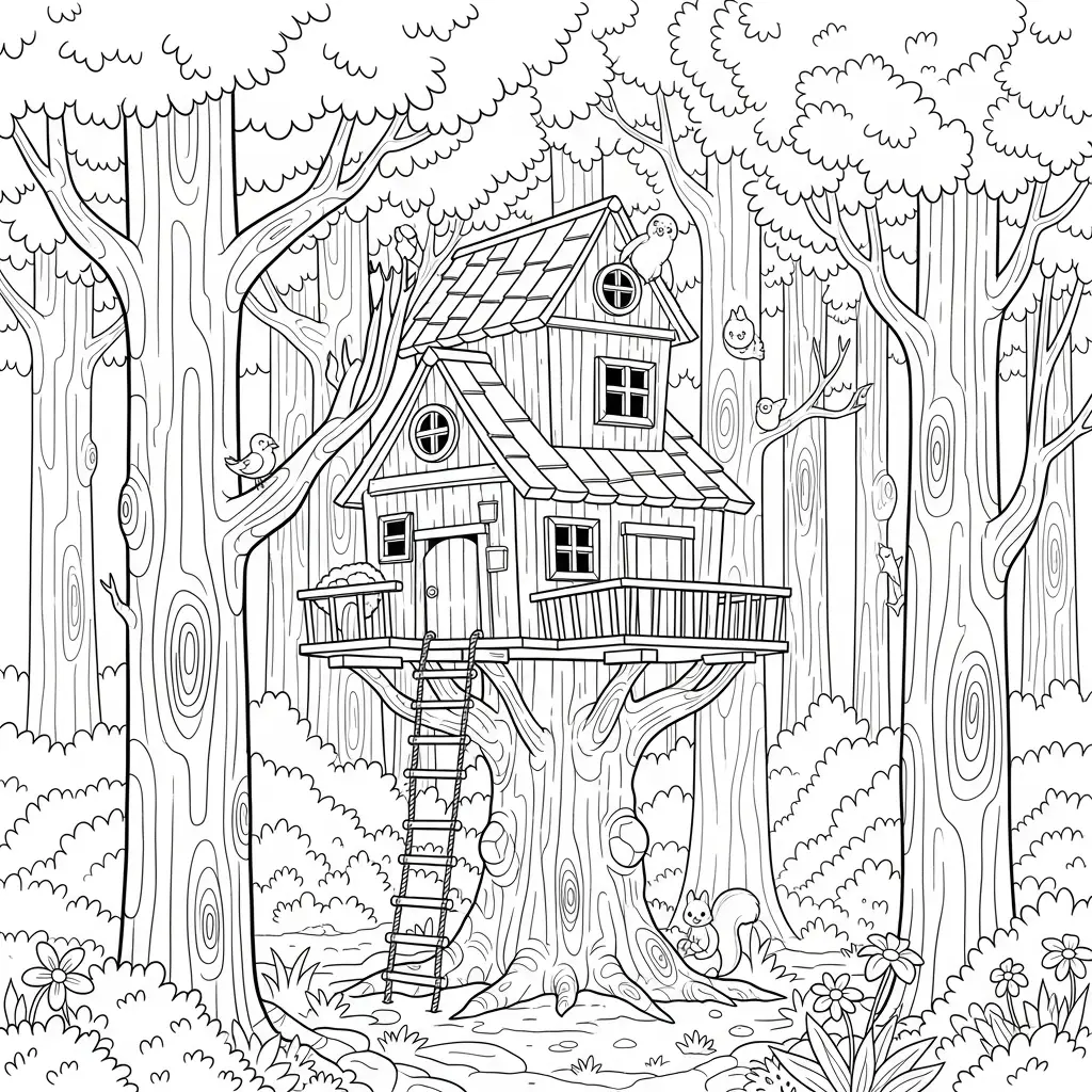 Desenho de Casa na Árvore para colorir
