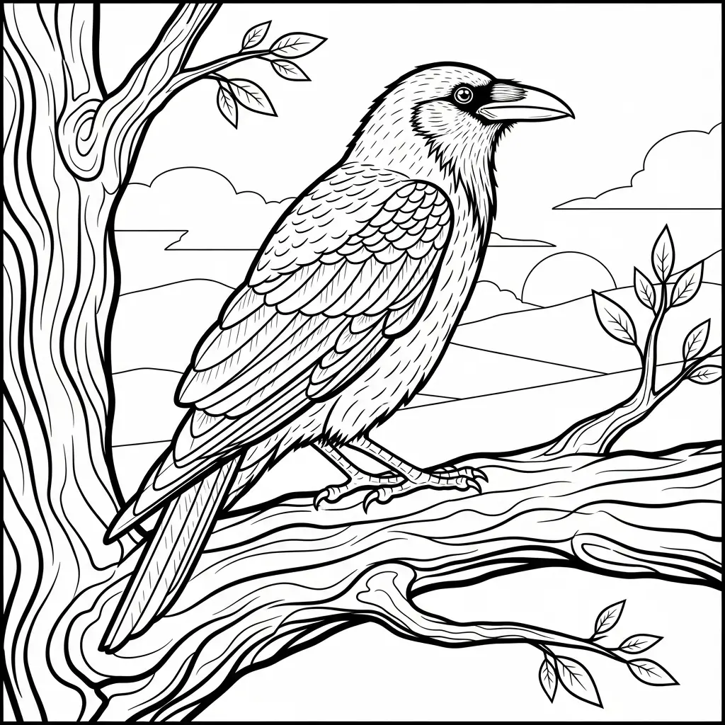 Desenho de Corvo no Galho para colorir