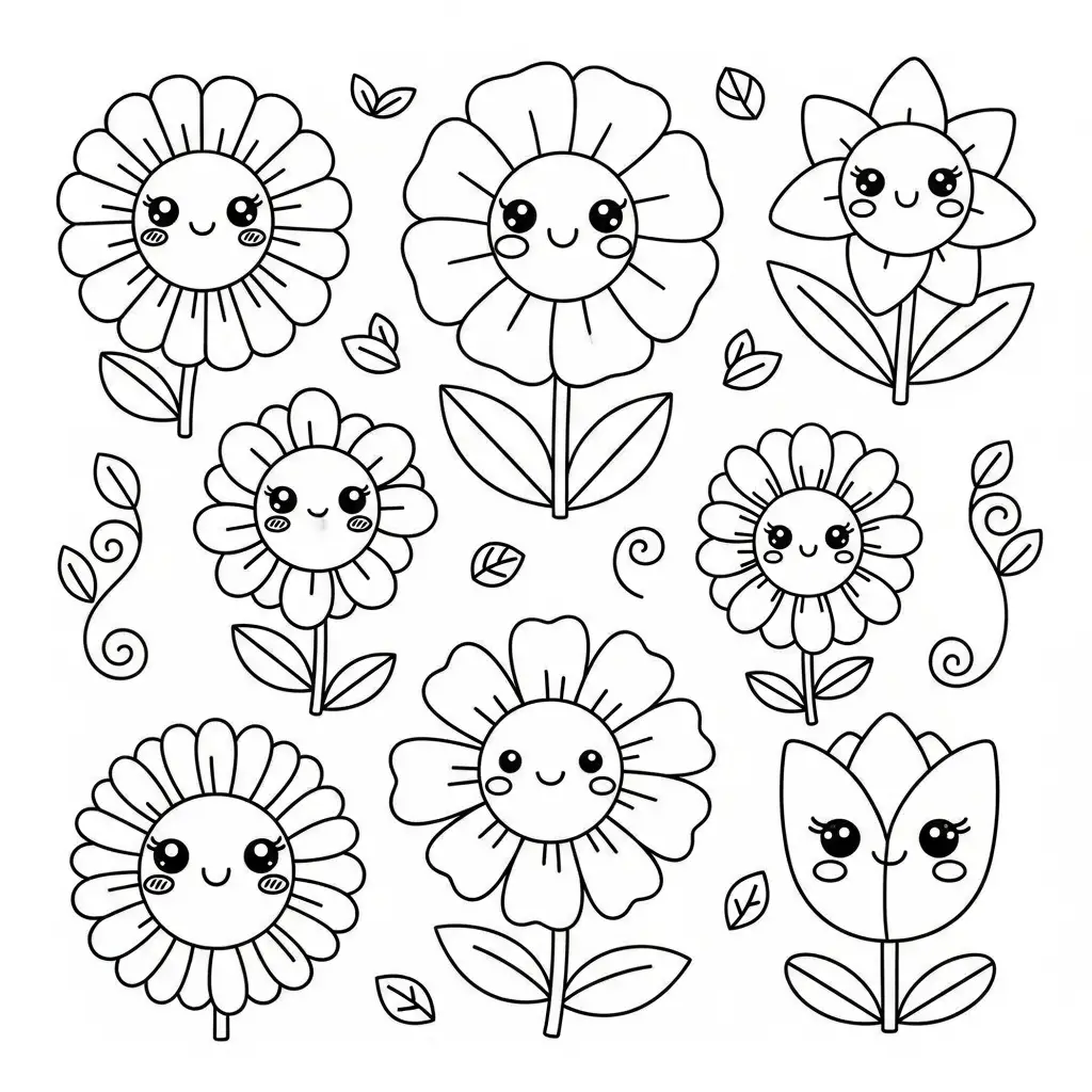 Desenho de Flores Kawaii para colorir