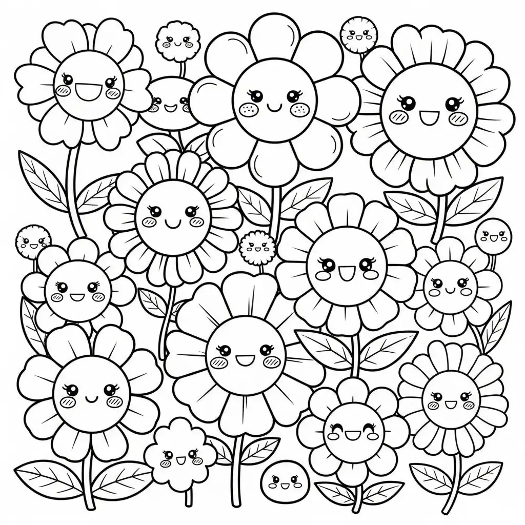 Desenho de Flores Kawaii para colorir