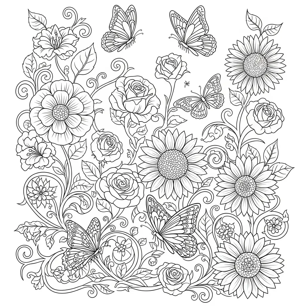 Desenho de Flores com Borboletas para colorir
