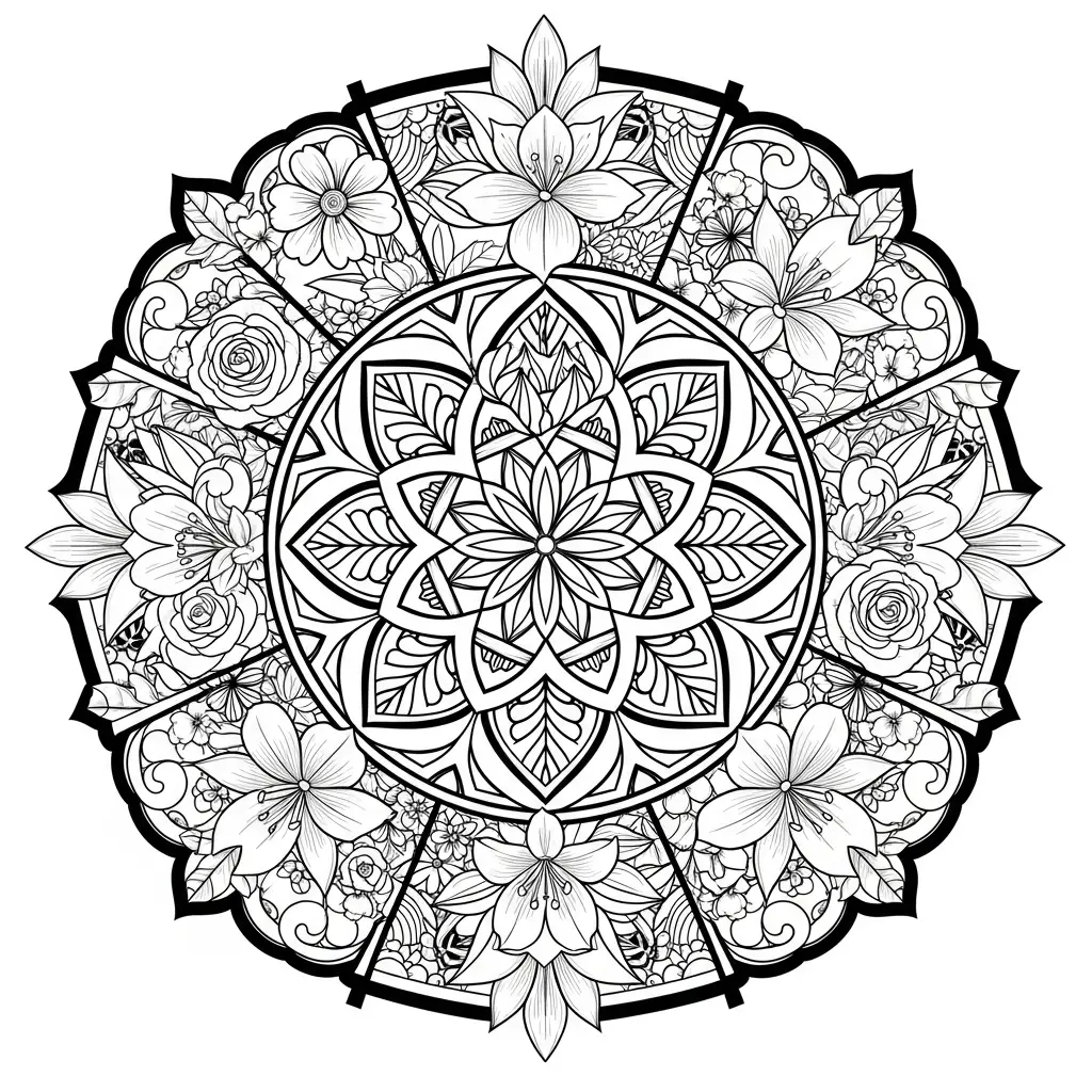 Desenho de Flores com Mandalas para colorir