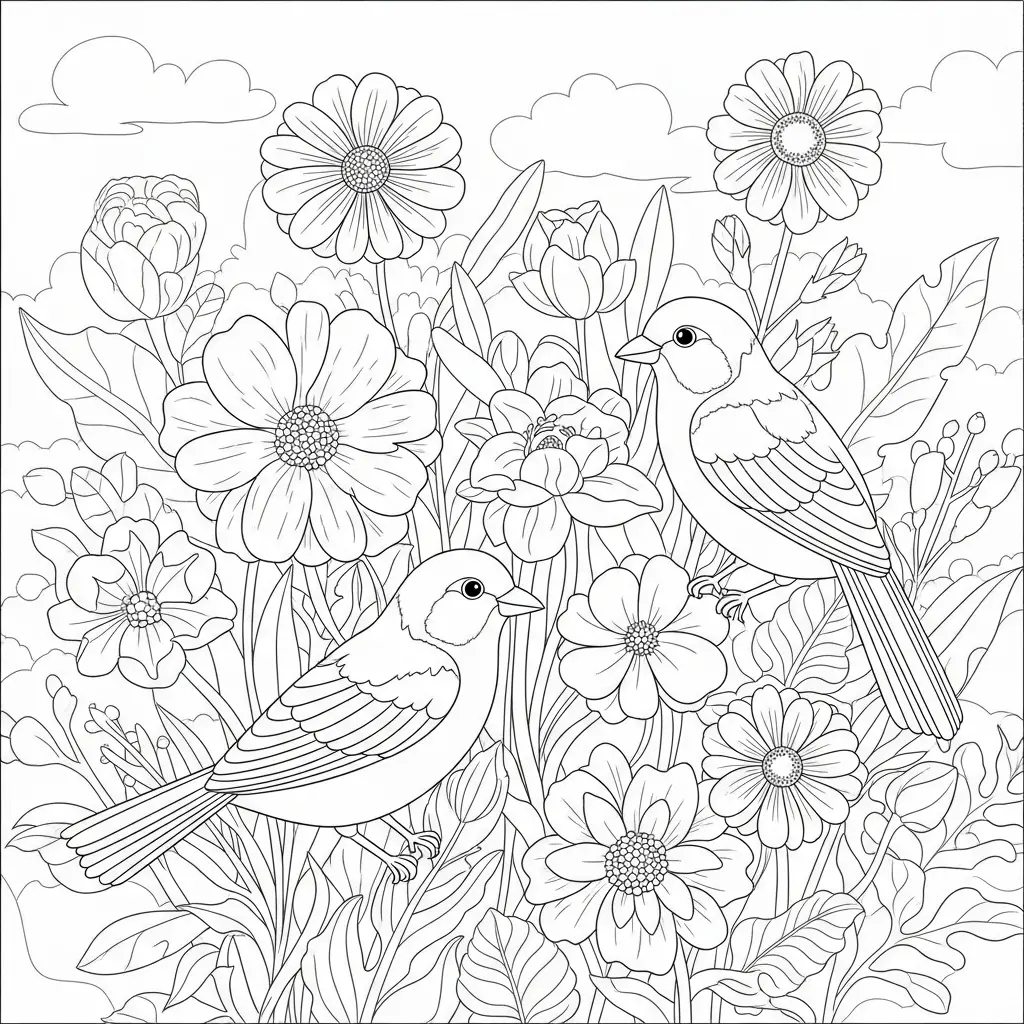 Desenho de Flores com Pássaros para colorir