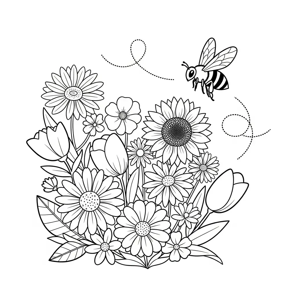 Desenho de Flores e Abelha para colorir