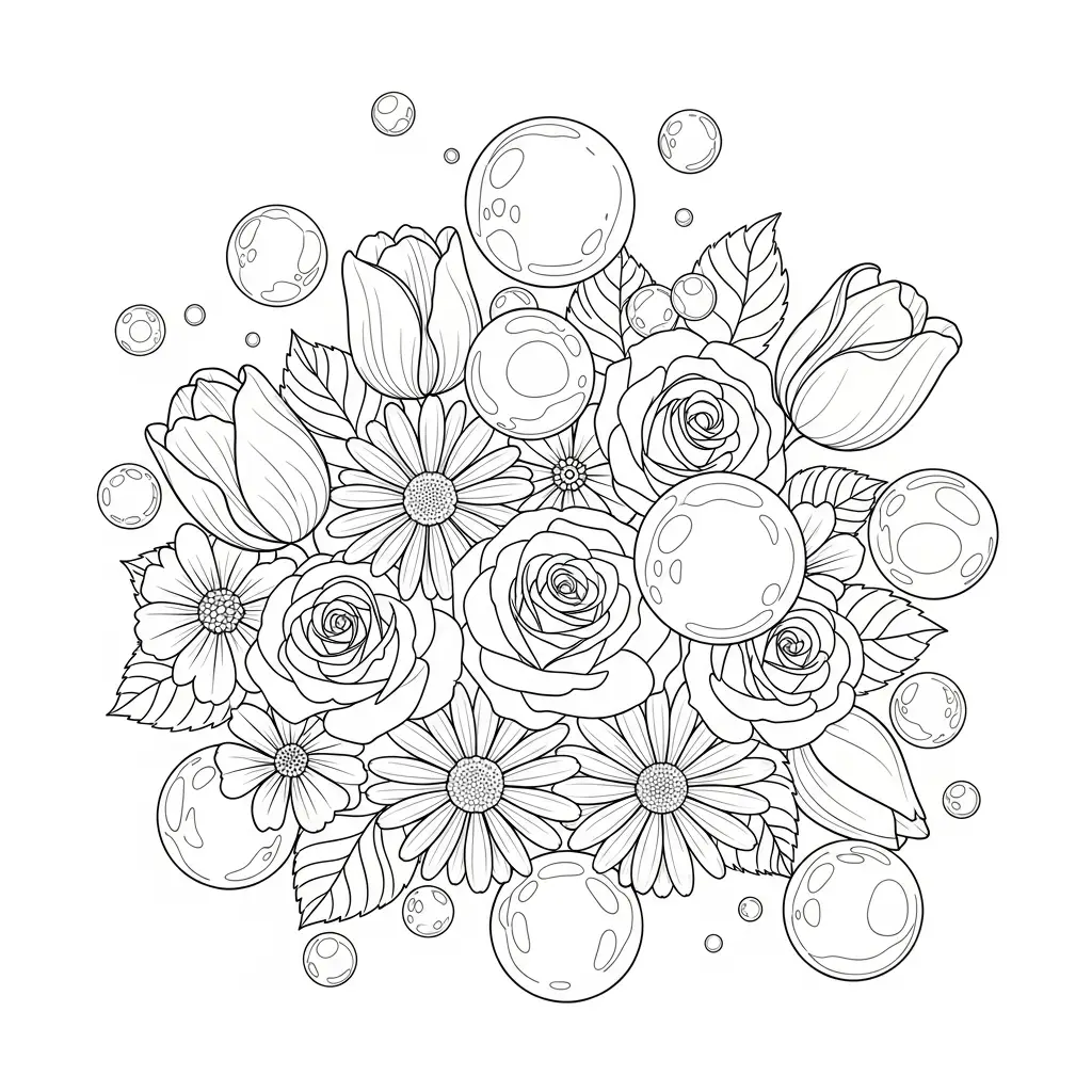 Desenho de Flores e Bolhas para colorir