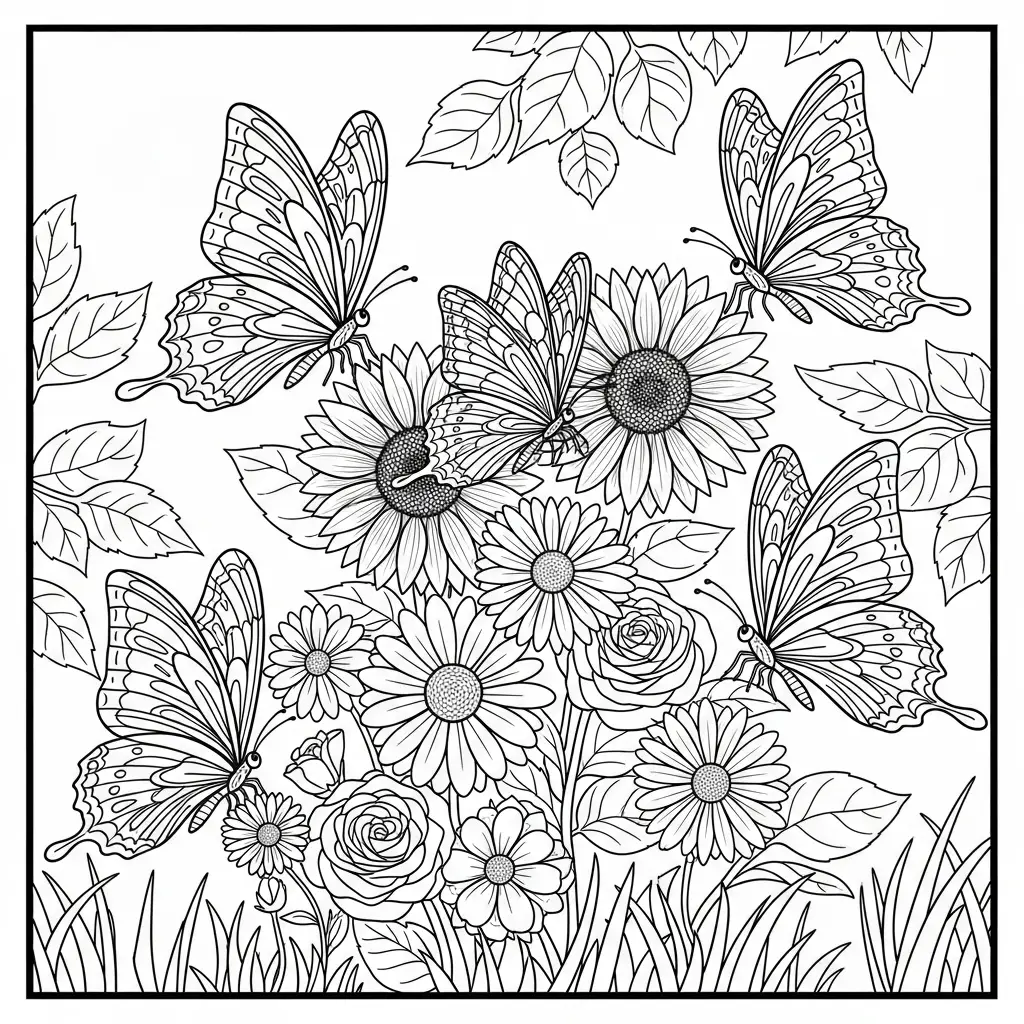 Desenho de Flores e Borboletas para colorir