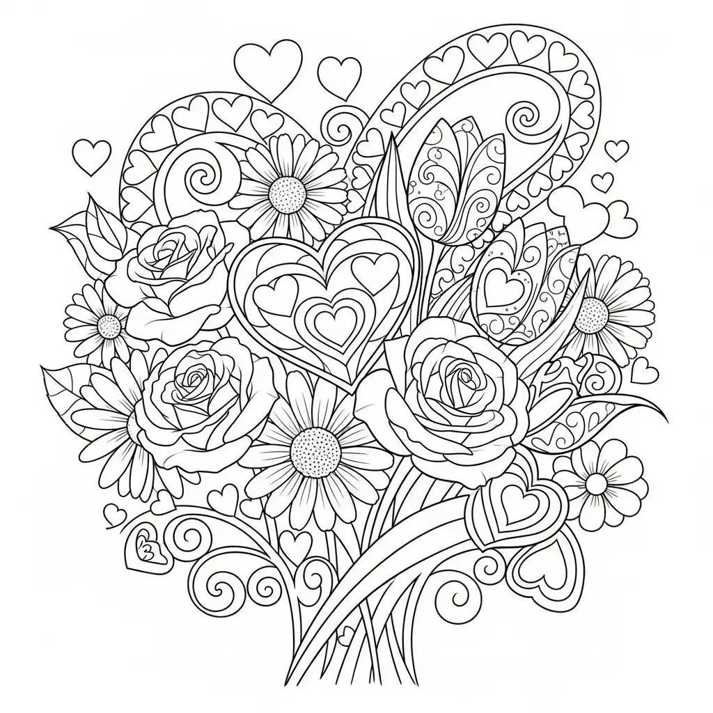 Desenho de Flores e Corações para colorir