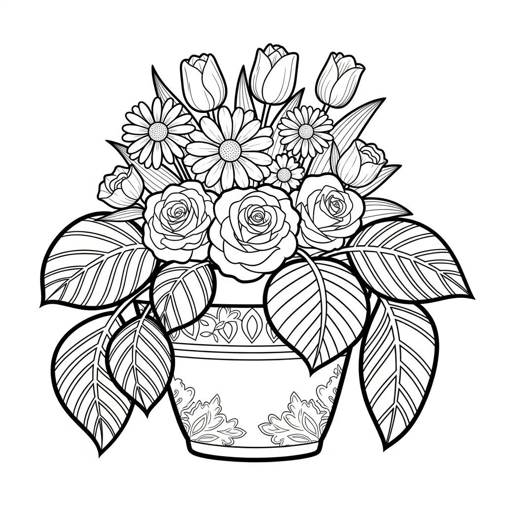 Desenho de Flores em um Vaso para colorir