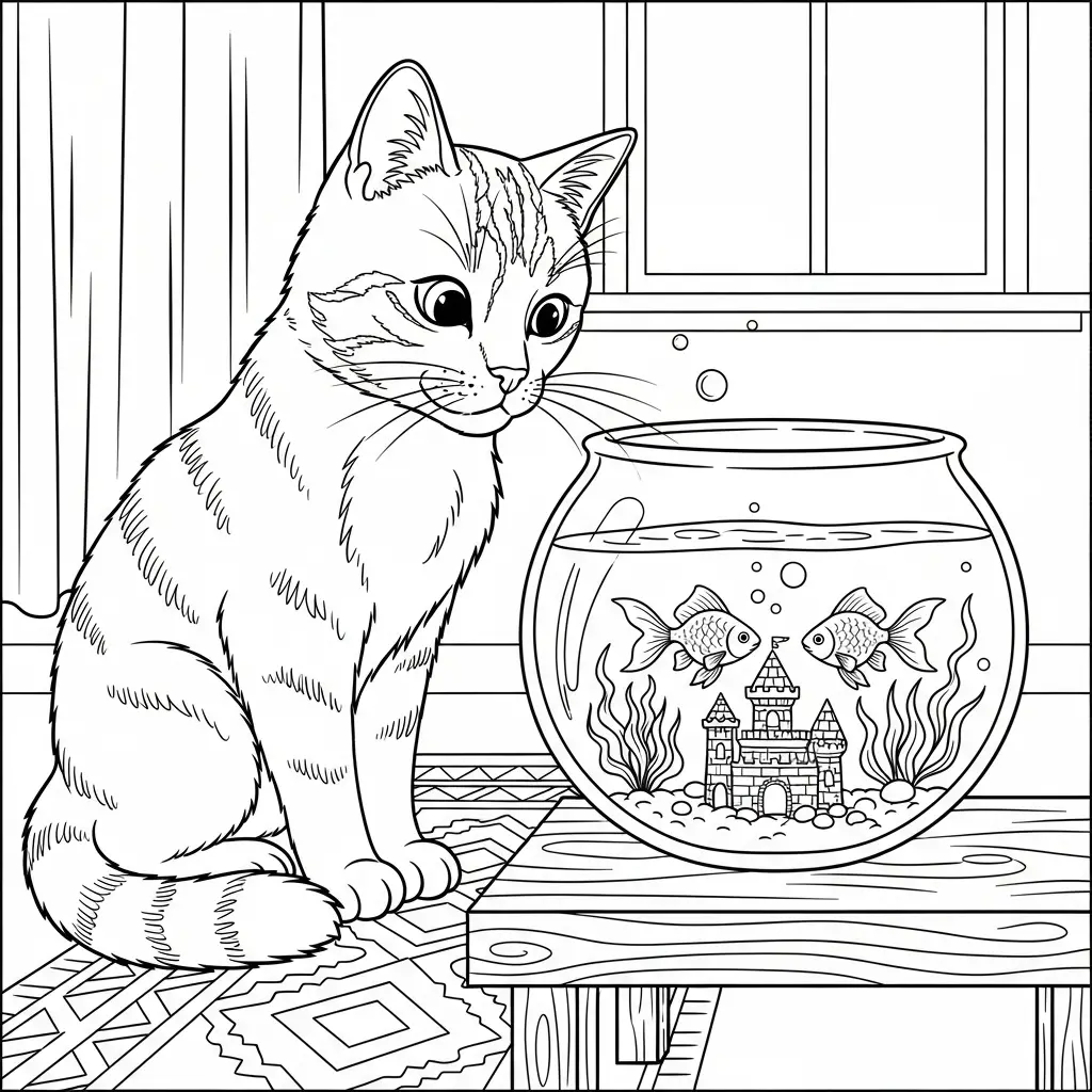 Desenho de Gato com Peixe para colorir