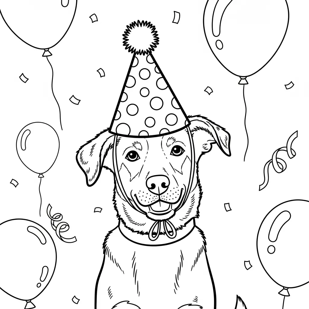 Desenho de cachorro com chapéu de festa para colorir