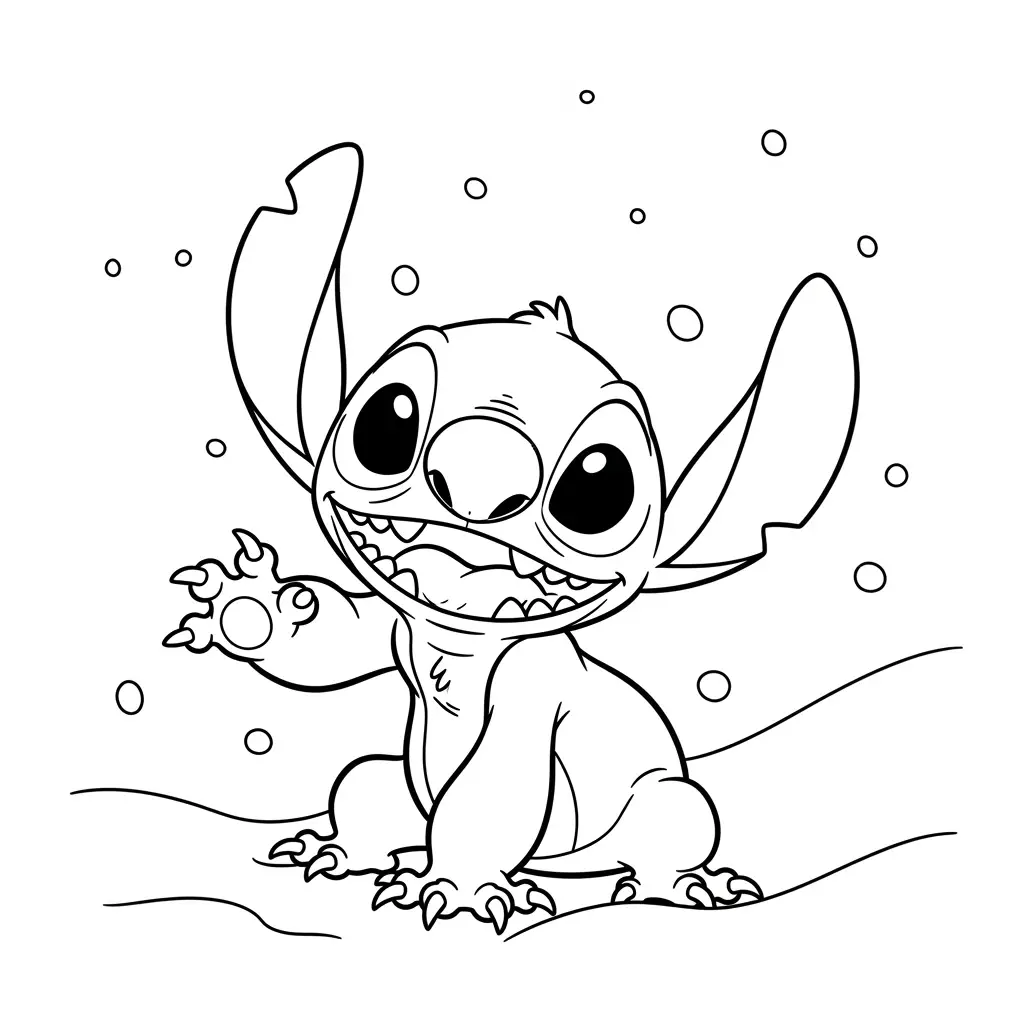 Desenho do Stitch brincando na neve para colorir