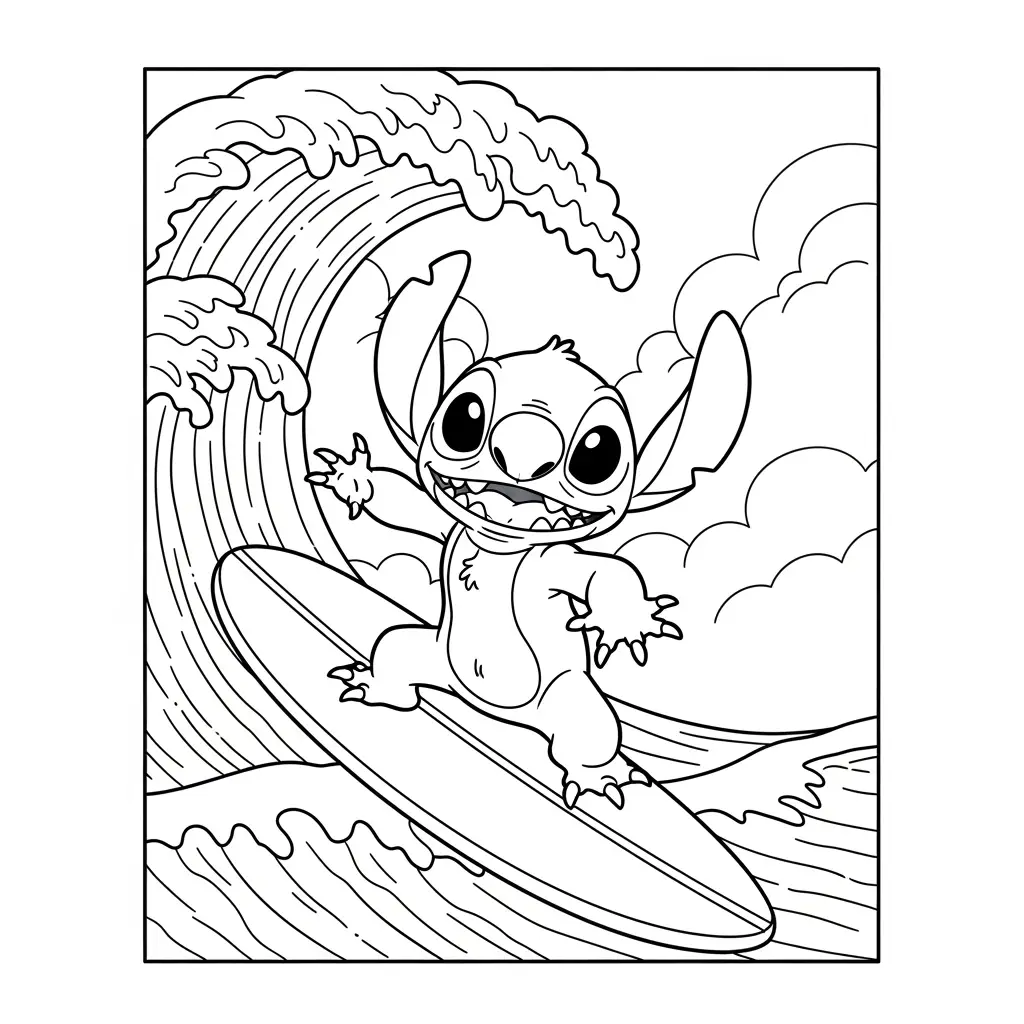 Desenho do Stitch com surfista para colorir