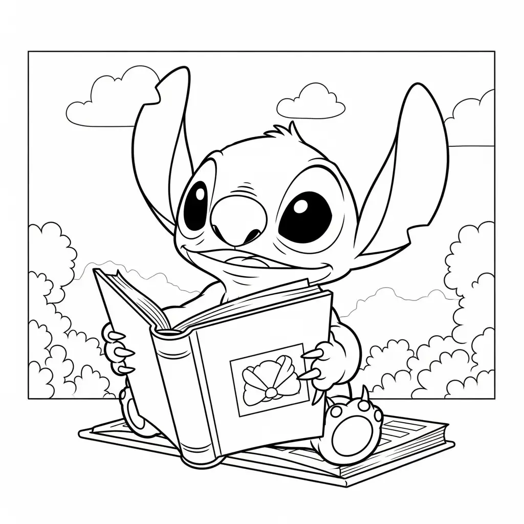Desenho do Stitch com um livro para colorir