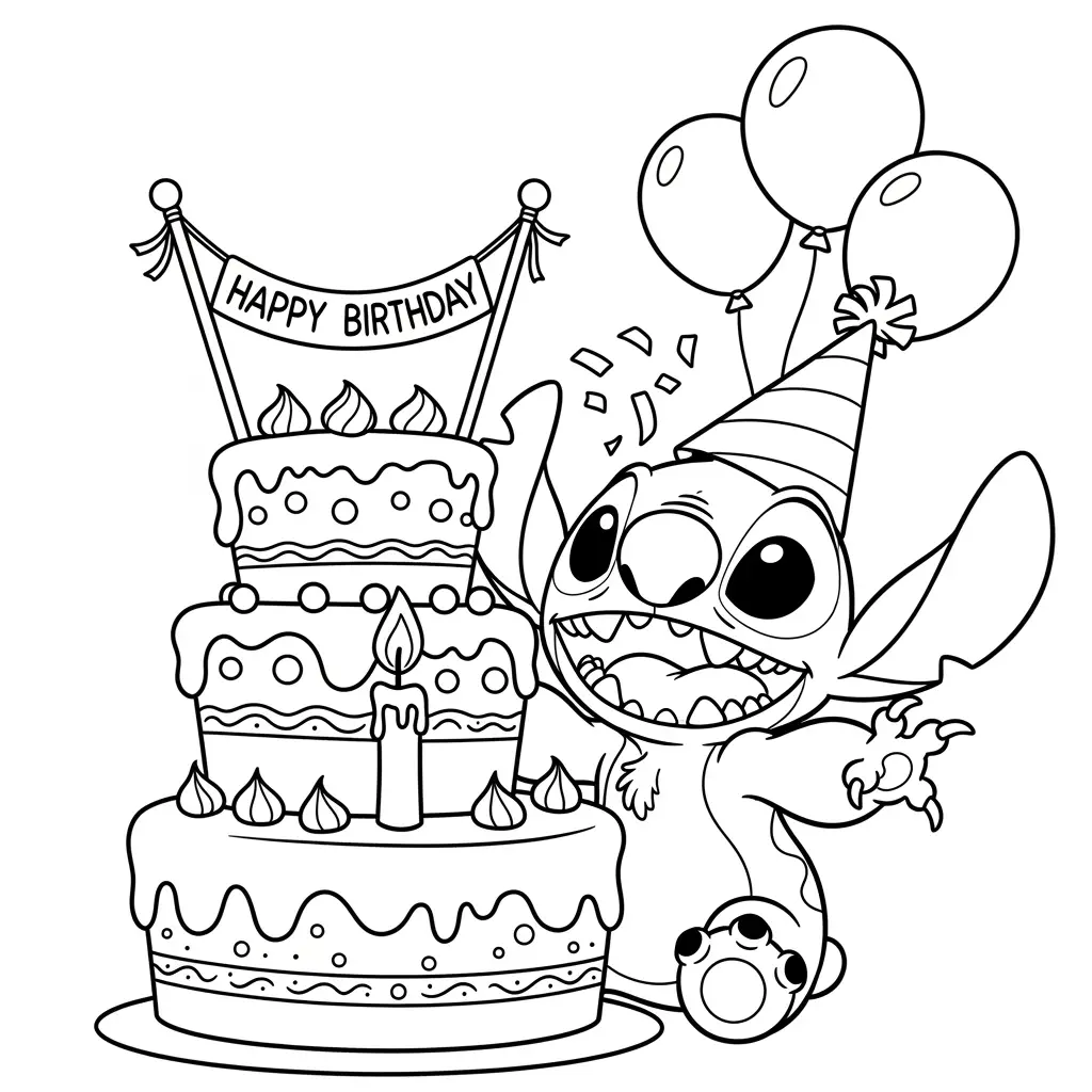 Desenho do Stitch comemorando aniversário para colorir