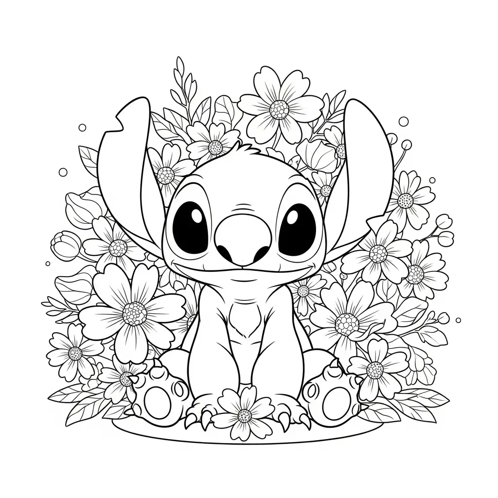 Desenho do Stitch e flores para colorir