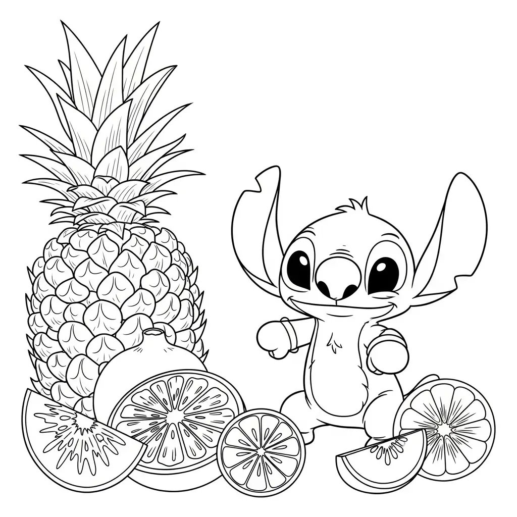 Desenho do Stitch e frutas tropicais para colorir