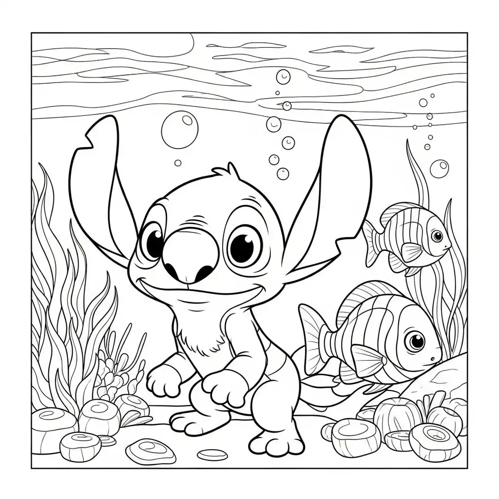 Desenho do Stitch e peixe para colorir