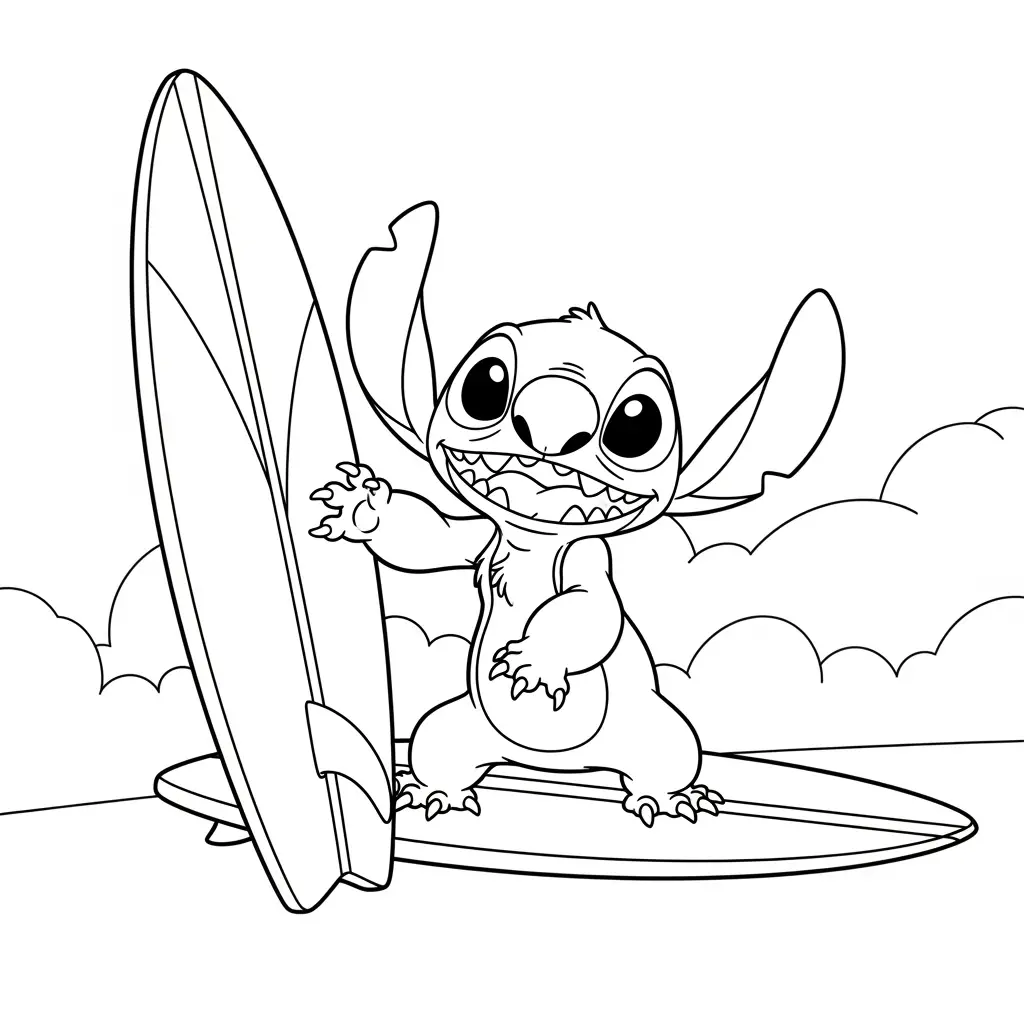 Desenho do Stitch e sua surfboard para colorir