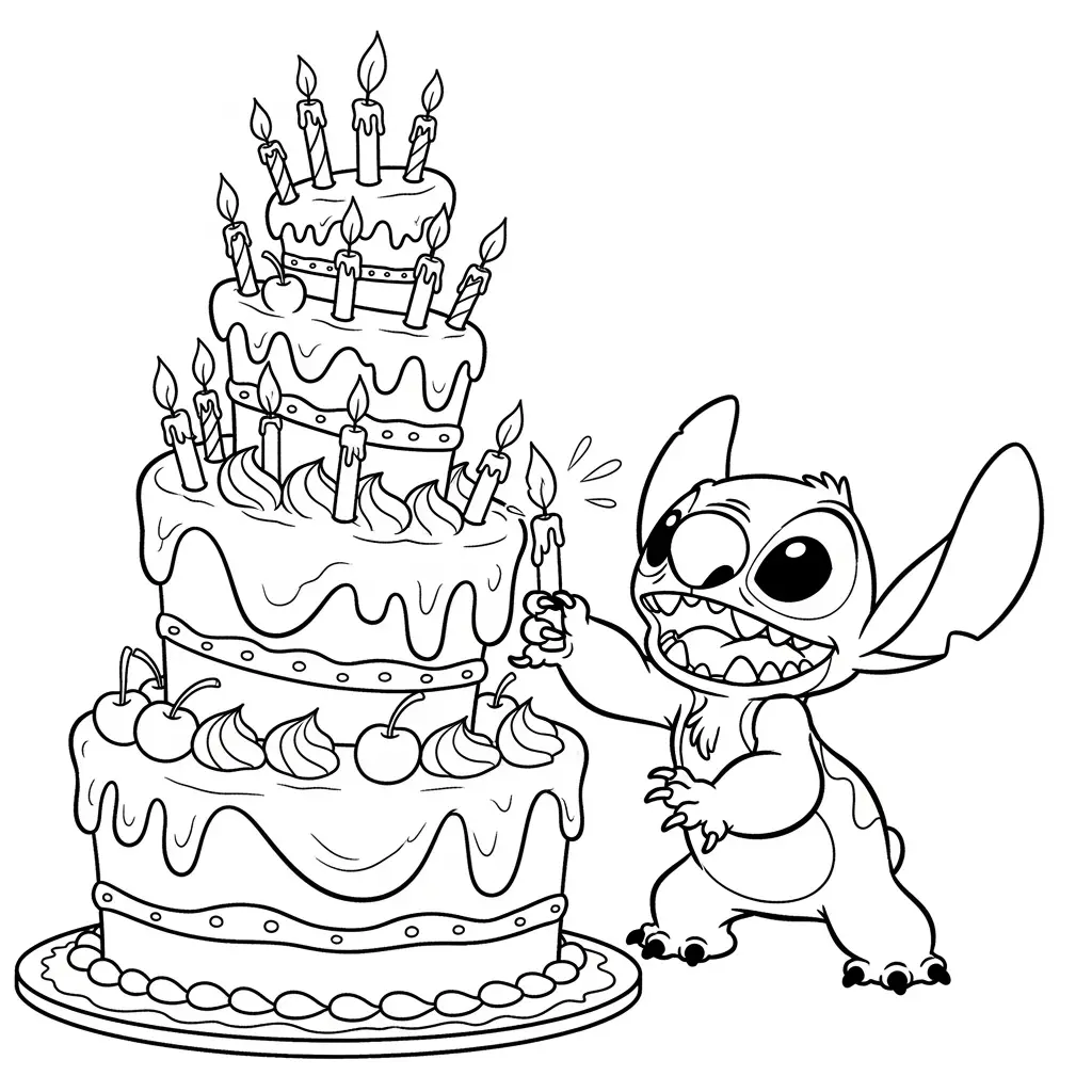 Desenho do Stitch e um bolo para colorir