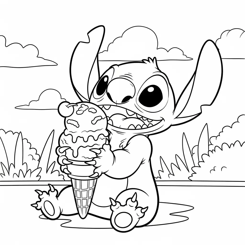 Desenho do Stitch e um sorvete para colorir
