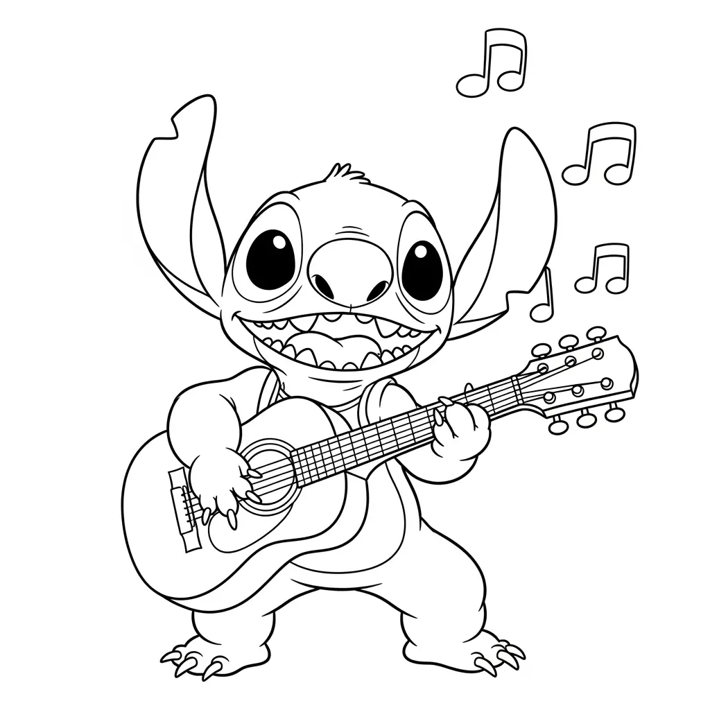 Desenho do Stitch e uma guitarra para colorir