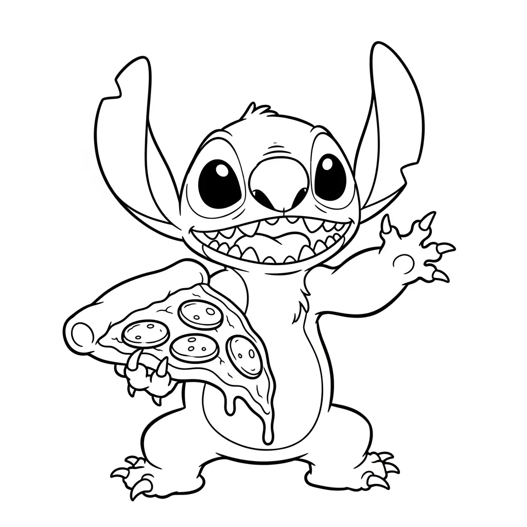 Desenho do Stitch e uma pizza para colorir