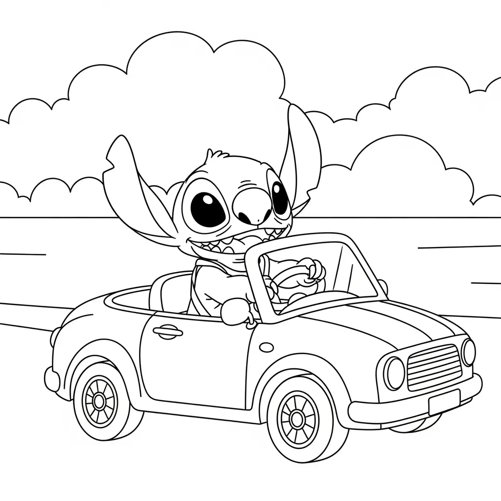 Desenho do Stitch em um carro para colorir