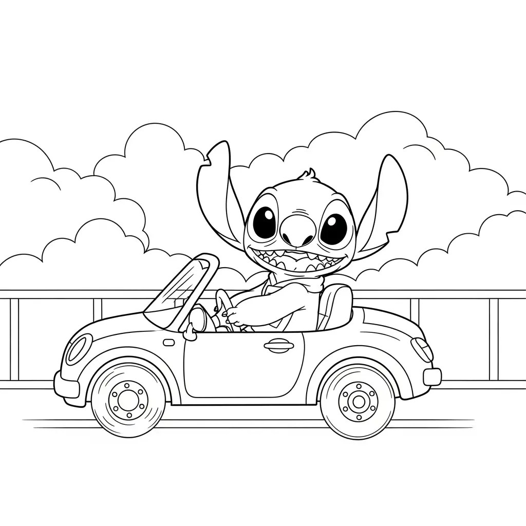 Desenho do Stitch em um carro para colorir