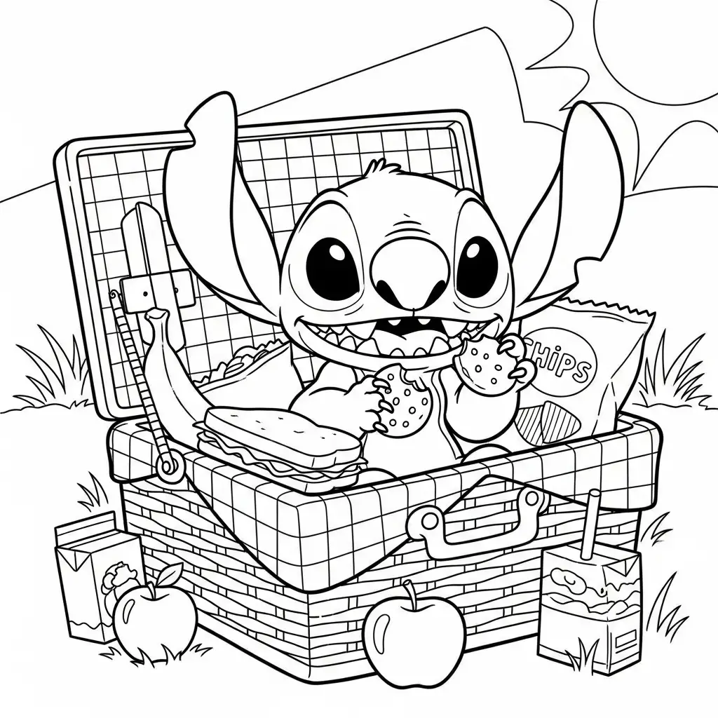 Desenho do Stitch em um cesto de piquenique para colorir