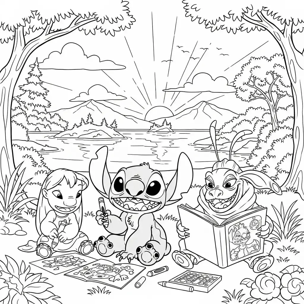 Desenho do Stitch em um lago para colorir